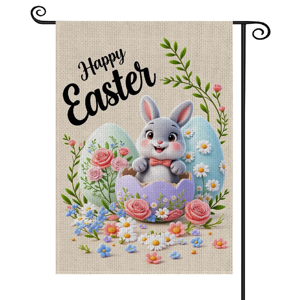 Happy Easter Garden Flag Cute Bunny Pattern Easter Egg Yard Flag Floral Decoration 3D Outdoor Garden Banner for Easter Celebrat
