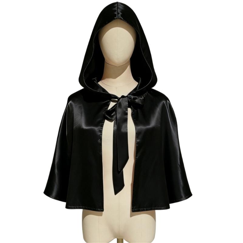 Medieval Short Satins Cape With Hood Role Play Accessory Anime Costume Wrap For Cosplay And Outdoor Sun Protections