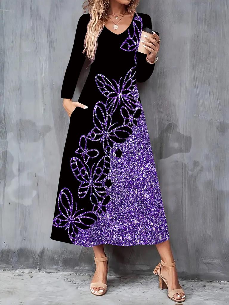 2025 Autumn and Winter New Women Casual Fashion Dress Autumn 3D Gorgeous Pattern Print  Long Sleeve V-Neck A-Line Dresses