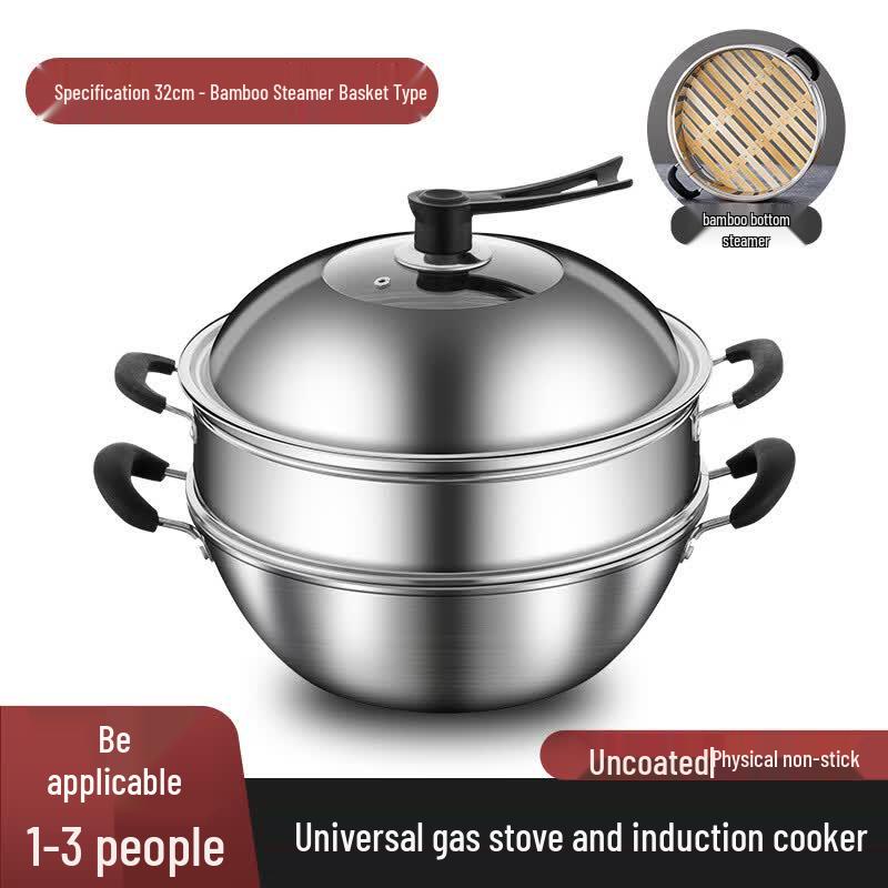Zijin He s Double Handle Stainless Steel Flat Bottom Wok