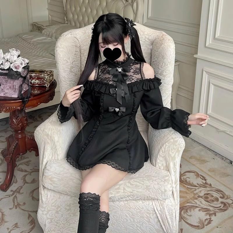 Qichenk Gothic Choker Neck Plus Long Gothic Size S Dress, Black, Size, Off-the-Shoulder, Sleeves, Lolita, Sexy, Simple, Cute, Hdjtz-black,