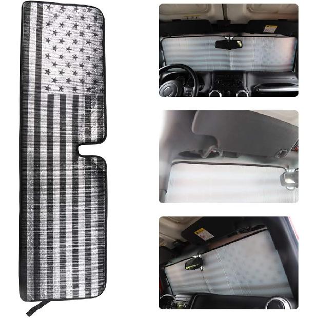 Windshield Flag Sunshade Sun Shade Heat Shield Sun Visor Mat Compatible With Jeep Wrangler Rubicon Sahara TJ JK JKU 2 Door & 4 Door