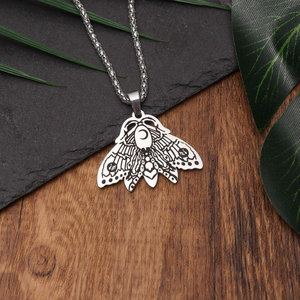 Fashion Witchy Moon Moth Necklace Chain Women Silver Titanium Steel Pendant Jewelry