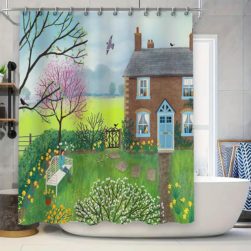 

Floral Cottagecore Shower Curtain Vintage Botanical Nature Landscape Bathroom Decor Farmhouse Rustic Home Decor Washable Fabric W60H190(CM)-1 Pcs