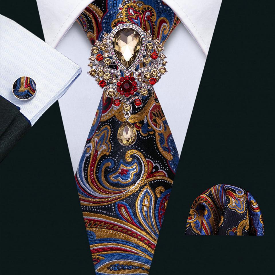 Barry.Wang Cravate pentru bărbați cu broșă Paisley Jacquard Set de cravate formale din mătase