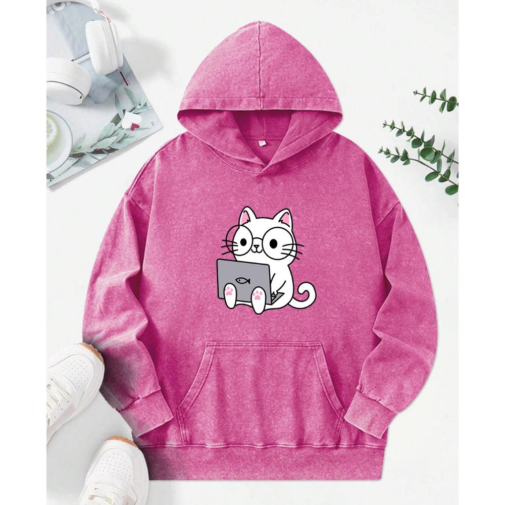 Abstract Cat Work Printed Womens Washed Hoodie Vintage Loose Streetwear Hip Hop Pocket Clothes Hoody