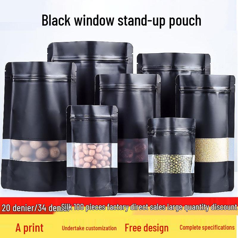 Black Aluminum Foil Windowed Stand-Up Self-Sealing Bag for Black Tea, Thick Printed Plastic Portioning Bag