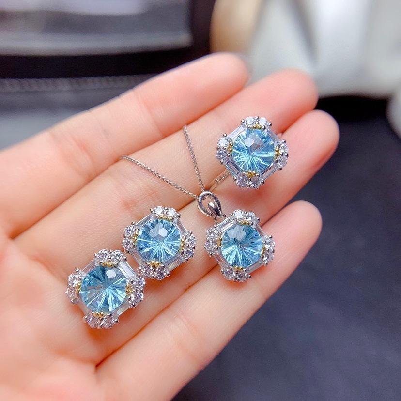 Drainage Imitation Natural Powder Topaz Set, Ring Pendant, Stud Earrings, Fireworks Cut High Carbon Diamond Necklace