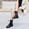 Women's Boots Autumn and Winter New Round Head Low Heel Martin Boots Black First Layer Cowhide Letter Ribbon Side Zipper Short Boots