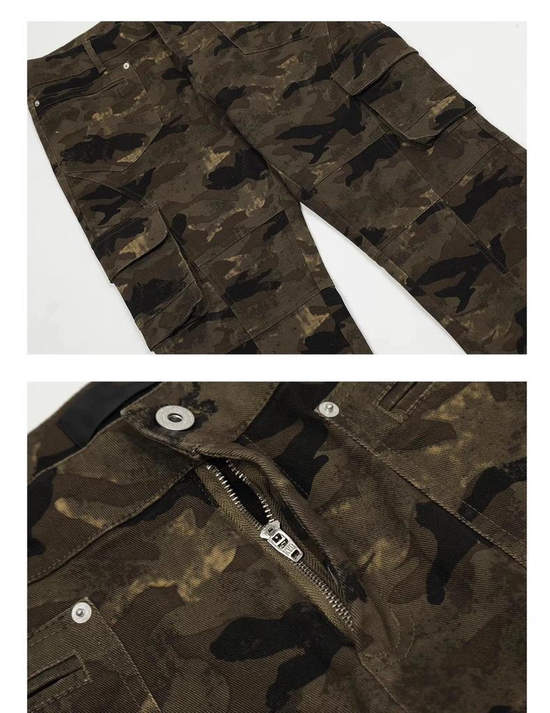 Unisex American Retro Camo Slim Fit Multi-Pocket Jeans with Micro Flare