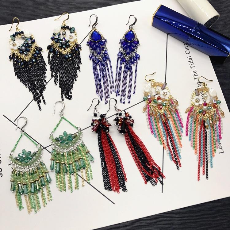 Light Luxury Crystal Diamond Long Earrings, Retro Style Temperament Fringed Earrings, Versatile Stud Earrings with Accessories