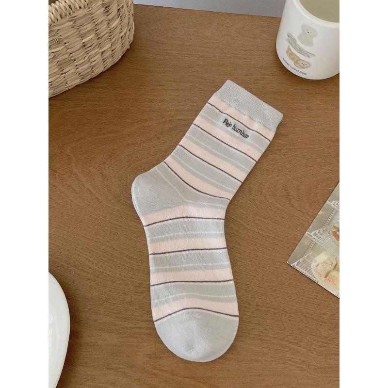 Spring and Autumn Boneless Pure Cotton Sweet Cream Contrasting Color Striped Pile Sock Style Letter Embroidery Mid-calf Socks