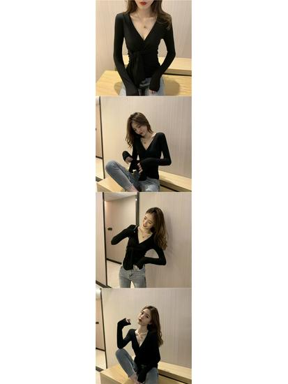 Podzimní Slim Fit Tričko s dlouhým rukávem a páskem v pase pro ženy, jednobarevné s límečkem, základní vrstva