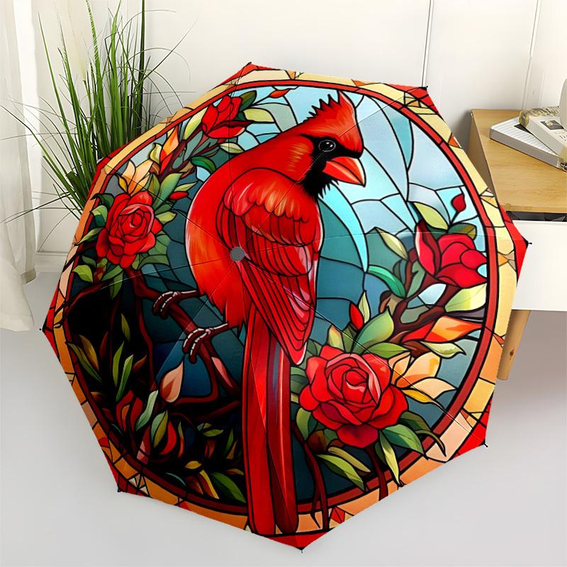 1pc Stained Glass Cardinal Automatic Open/Close Umbrella with Windproof, Functional Design, 8-Rib Sturdy Canopy