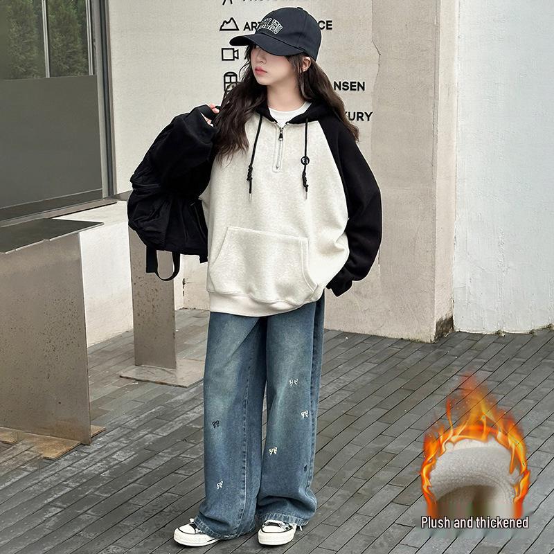

Winter 2025 Girls Fleece Sweatshirt Thickened Warm Patchwork Hoodie 170 cm