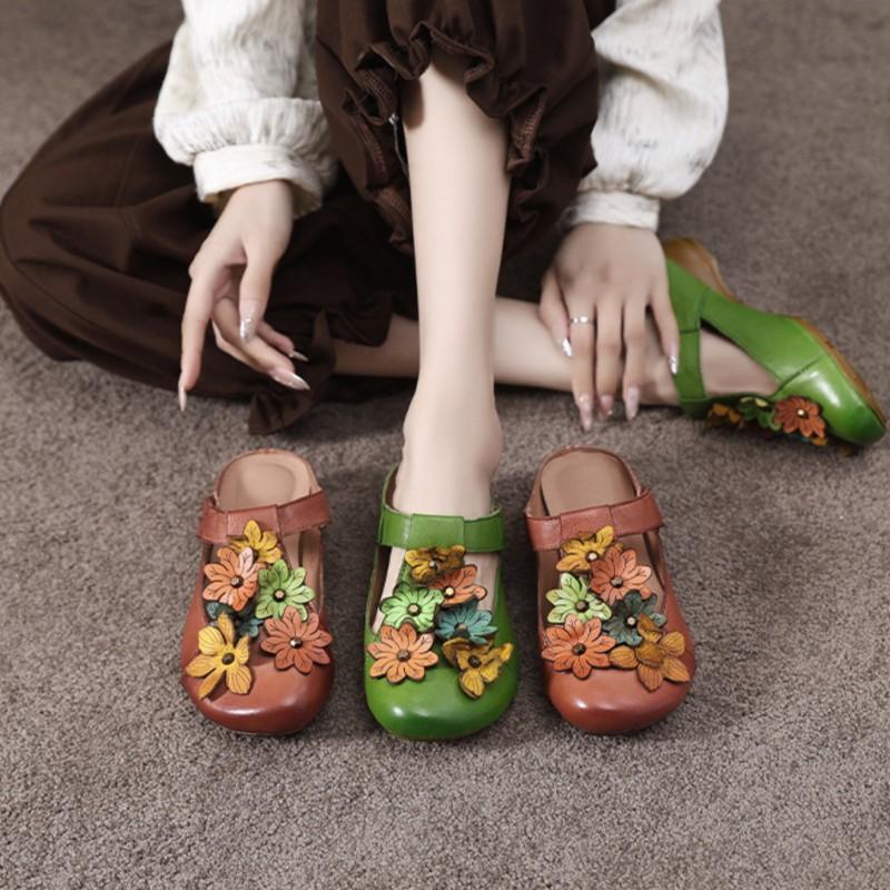 Johnature Retro Genuine Leather Colored Flower Round Toe Slippers Soft Soled Low Heel Comfortable Women's Slides