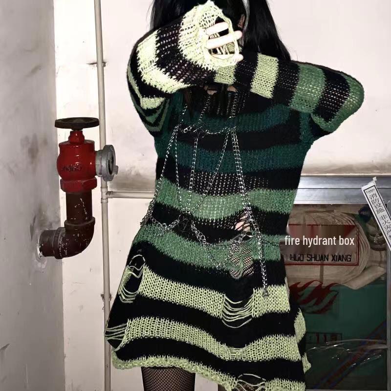 Unisex Punk Striped Gradient Ripped Knit Sweater