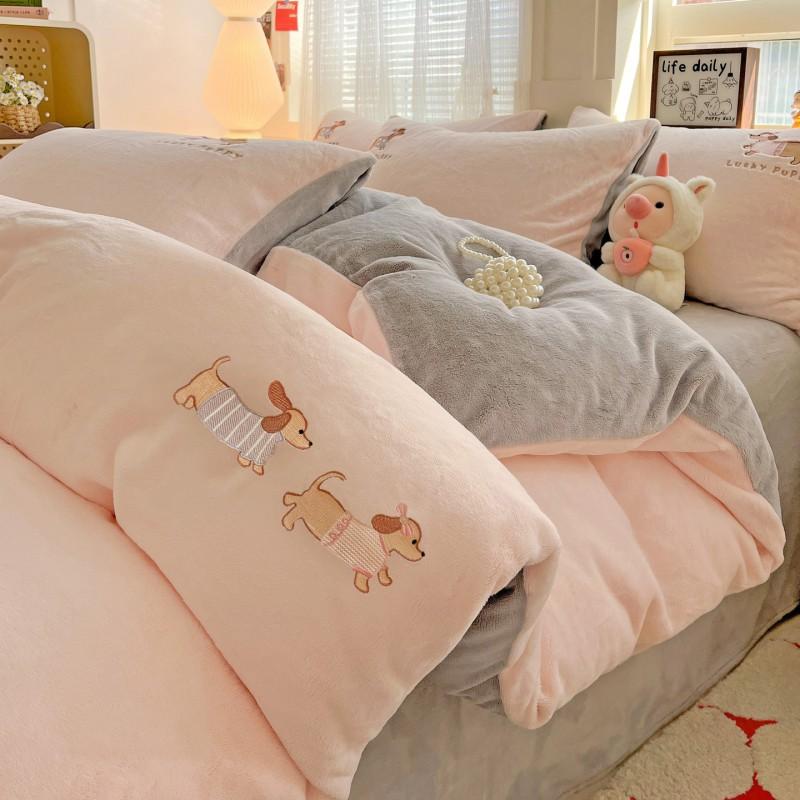 Ins Cute Cartoon Milk Fleece Bedding Set Winter Flannel Duvet Cover Sheet