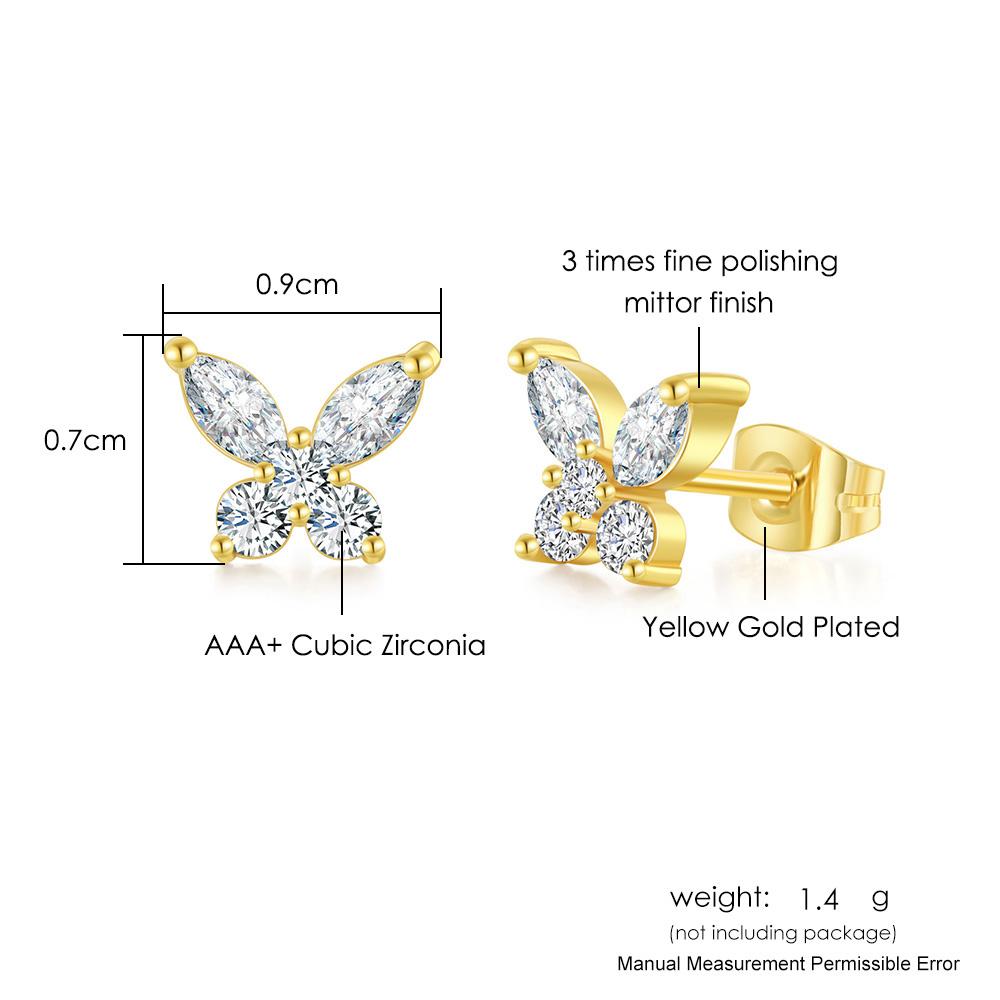 Gold Color Butterfly Stud Earrings For Women Korean Dainty Cubic Zirconia Piercing Lobe Ear Accessories Girls Jewelry Gifts E404