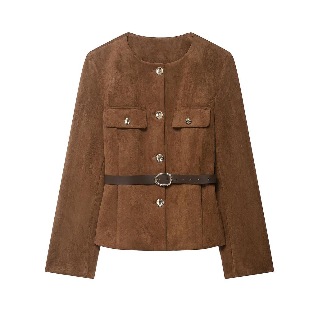 Women's Fashion Belt Suede Solid Color Suit Long-Sleeved Jacket