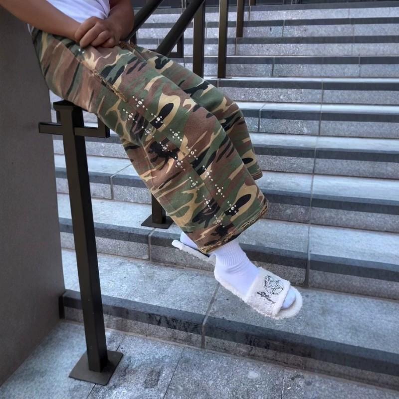 Americké Camo Roztřepené Teplákové Šortky Volný Střih Ležérní Streetwear