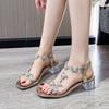 Sandalen Damen 2025 Sommer neu Römisch elastisches Band Strass Feenstil Mode transparent dicker Absatz Kristall hohe Absätze