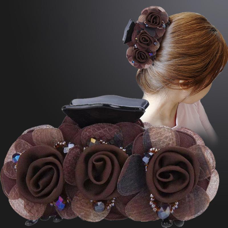 Non-slip Crossing Teeth Women Hair Claw Flower Beads Decor Bow Bath Hair Claw Styling Tool