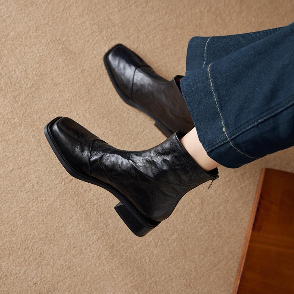 Women's Boots  New Leather Boots Square Head Short Boot Women's Autumn and Winter Retro Pleated Rear Zipper Thin Boot Women