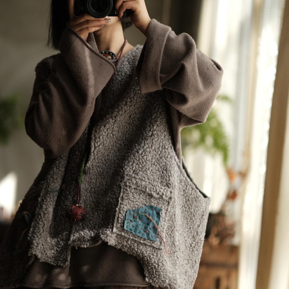 Johnature Dámské vintage bezrukávové kabáty Šedé patchworkové kapsy Knoflík Jaro O-výstřih Čínský styl Dámské kabáty