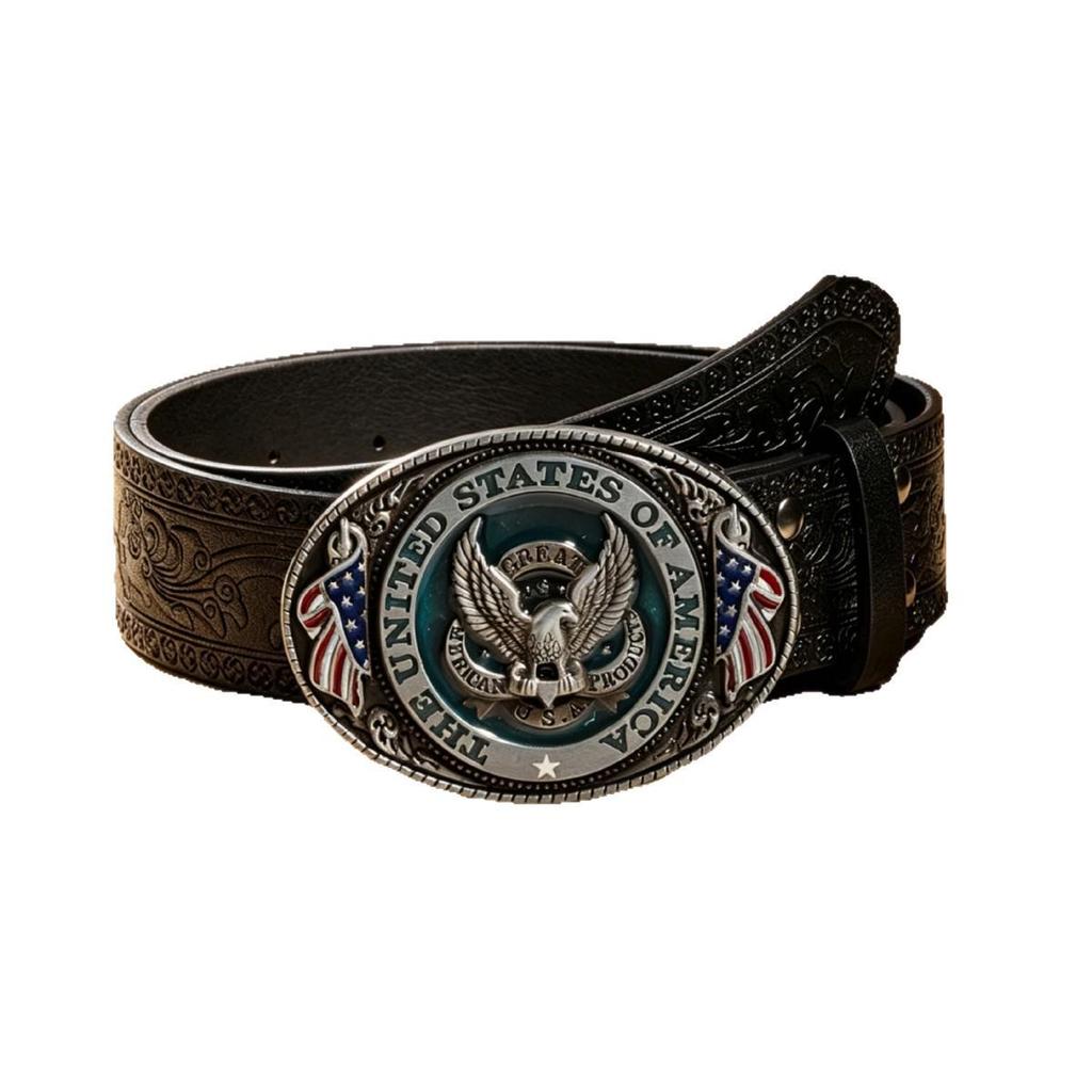 American Retro Eagle Buckle Leather Belt - Unisex Western Cowboy Carved US Flag Design