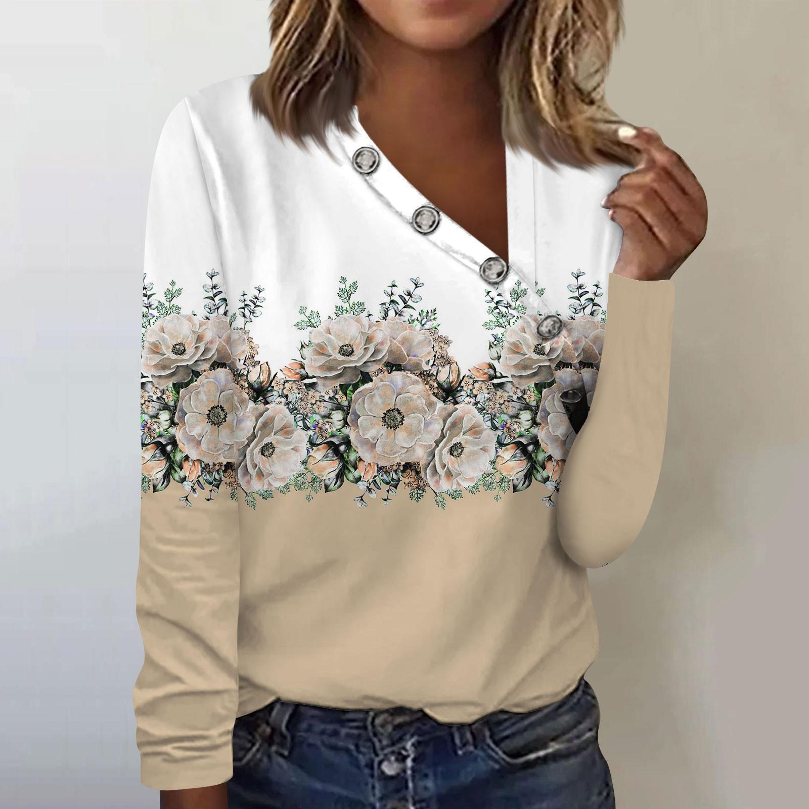 

Women s Blouses Dressy Casual Floral Print Fashion Pleated Cross Neck Tee Button Collar Fashion Clothing Tunic Long Sleeve Tops Tee Pullovers L хаки