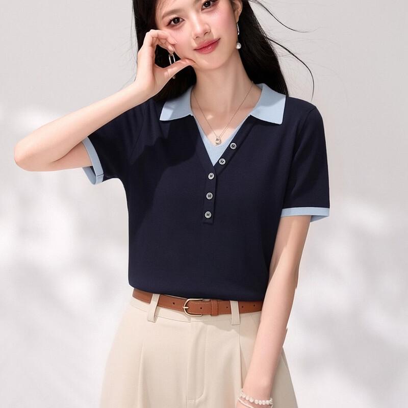 Faux Two-Piece Knitted Polo Shirt L