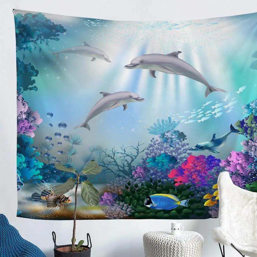 Unterwasser-Oase Wandteppich Delfin Unter dem Meer Korallenfische Anemonen Tiefsee Fantasy Blasen Wandbehänge Dekor Zimmer Wandteppiche