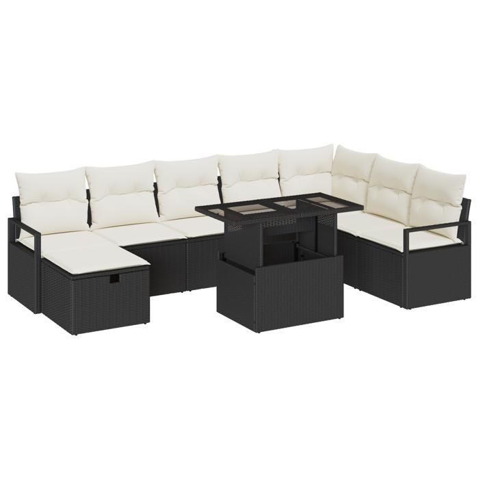 VidaXL Ensemble de canapés de jardin 9 pièces avec coussins noir en rattan poly 3359814