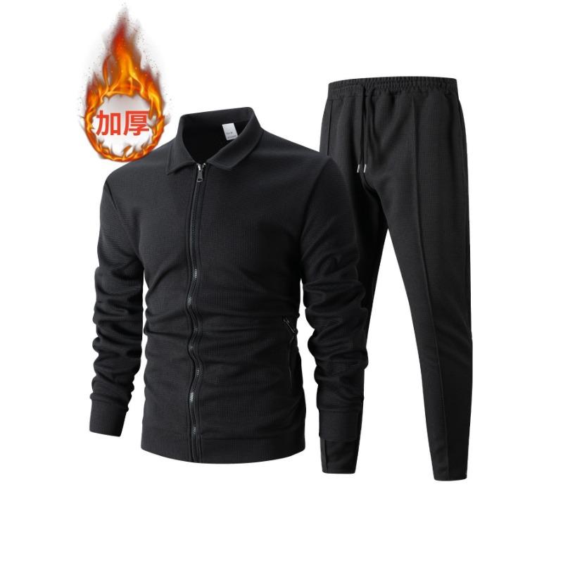 Men Waffle Texture Zipper Pocket Turn Down Collar Slim Fit Jacket Pants Set