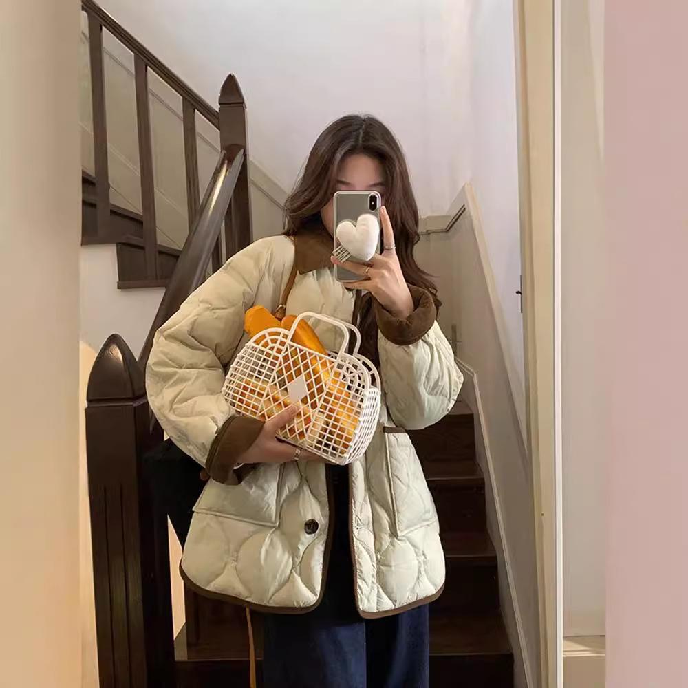 2024 New Cotton Clothes Women's Short Contrasting Color Trendy Design Lapel Contrasting Color Diamond Winter Coat Light and Thin