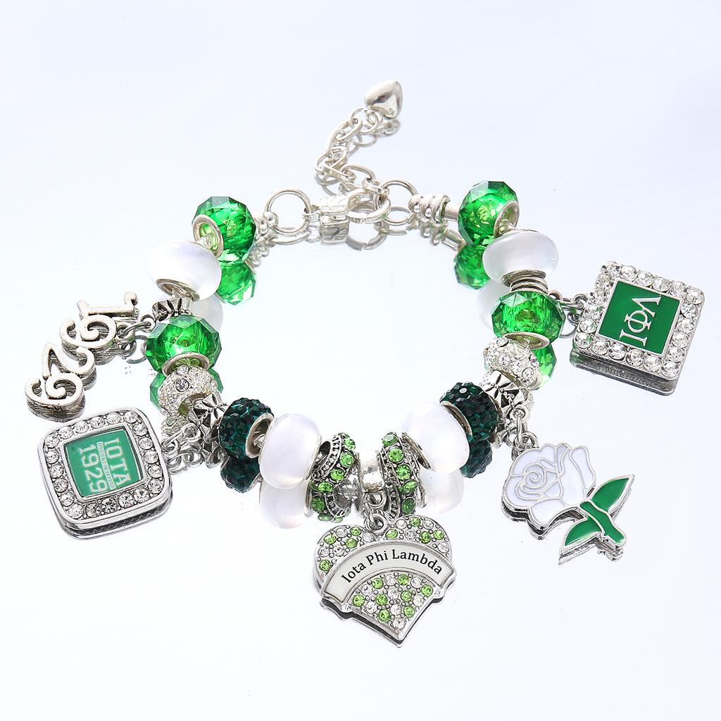 DIY Luxury Green and White Tone Sorority Iota Phi Lambda Inspirational Design Length Adjustable Greek IPL 1929 Soror Bracelet