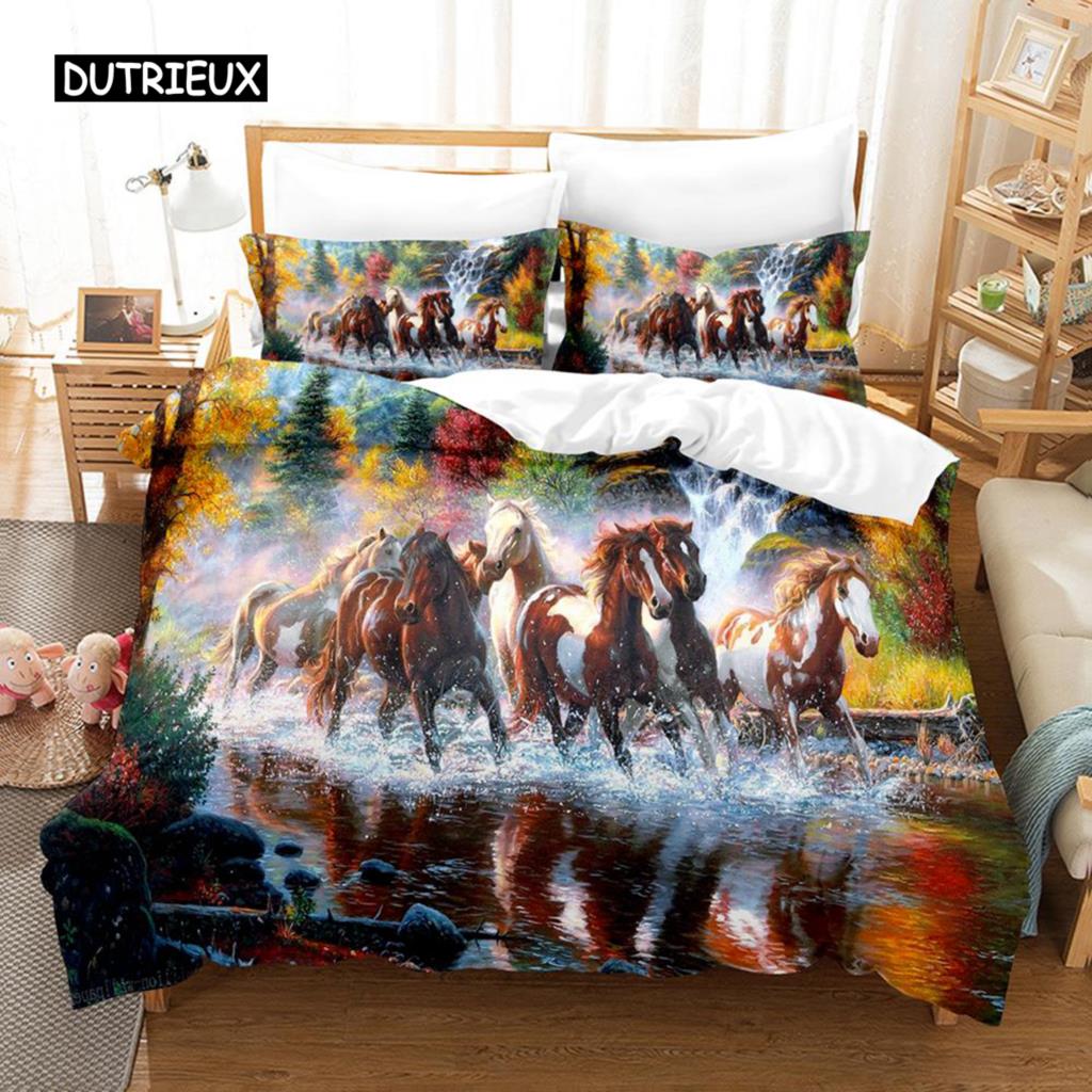 Polyester Comfortable White Horse Pattern Duvet Cover Set With Duvet Cover And Pillowcases King Queen Twin Sizes For All Ages