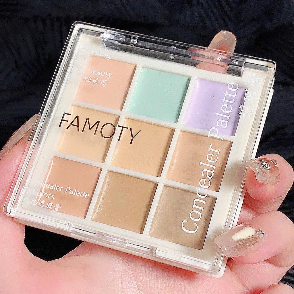 FAMOTY Nine-Color Concealer Palette for Blemishes, Acne Marks, Dark Circles, Tear Troughs, Brightening, and Long-Lasting Coverage.