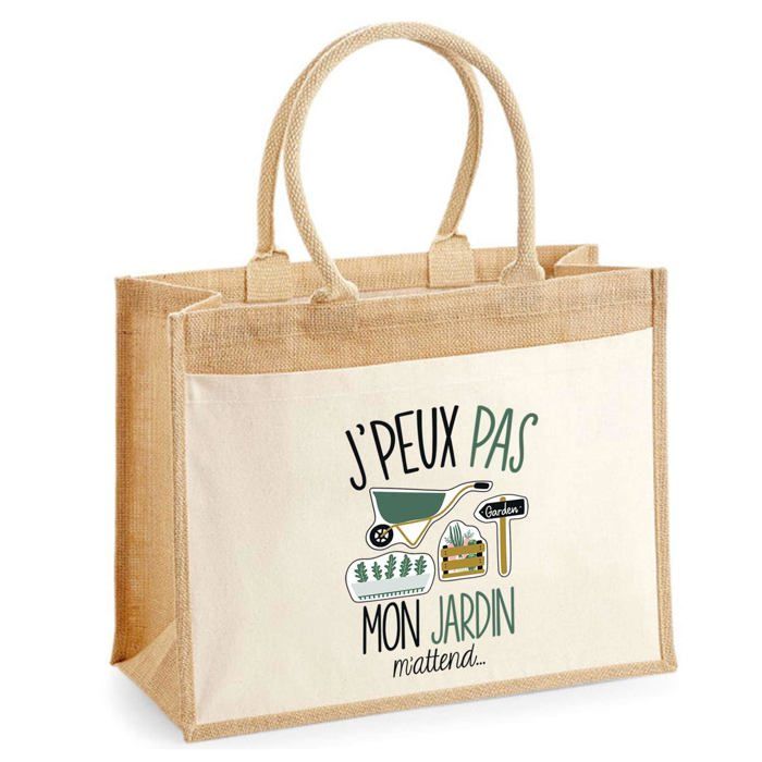 Sac de plage - PLANETEE - Jute avec poche « Jardin J'peux pas » - Coton - 43x33 cm - Anses bandoulière