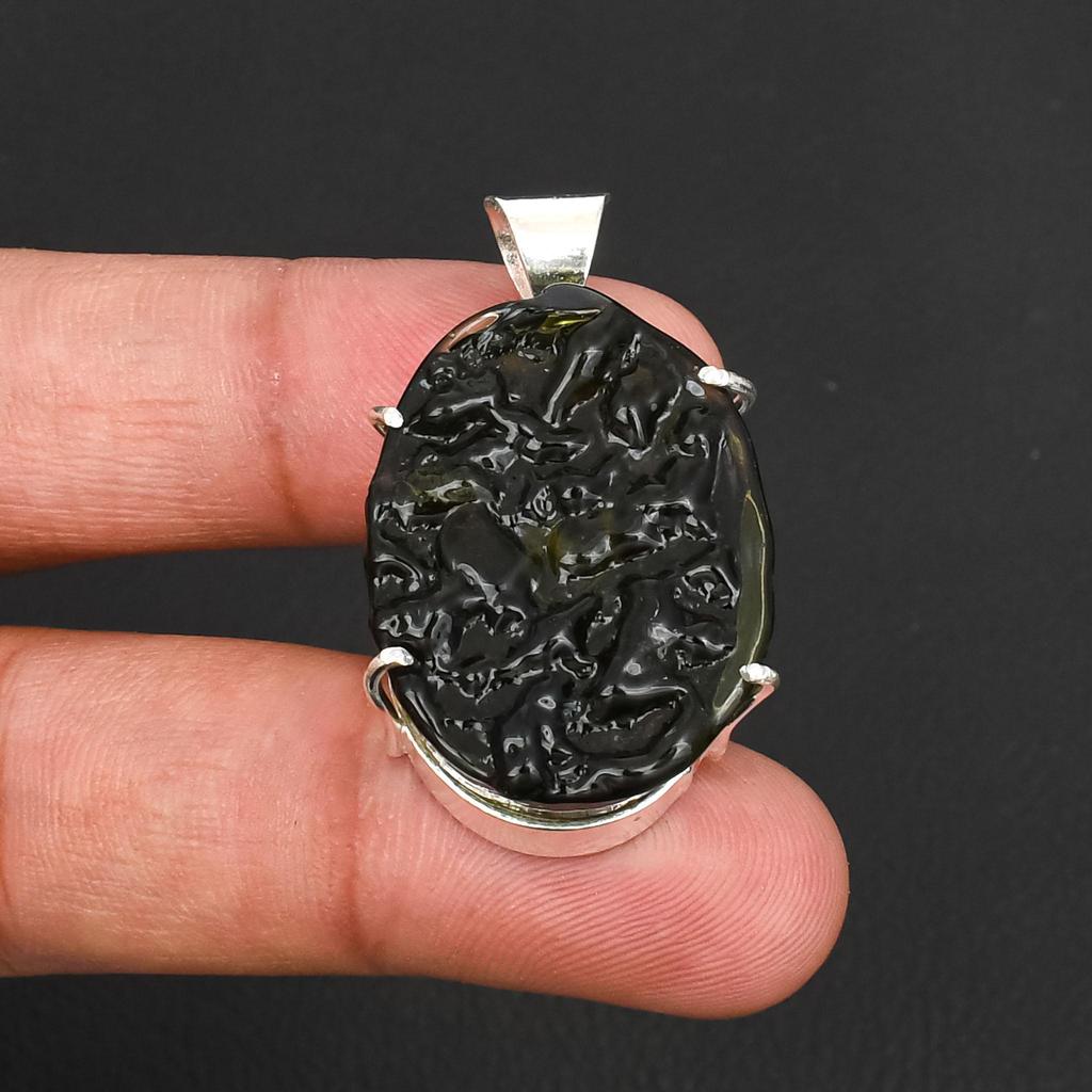 Rare Moldavite Gemstone Pendant Handcrafted Textured Stone Charm 925 Sterling Silver Plated Jewelry for Men & Women