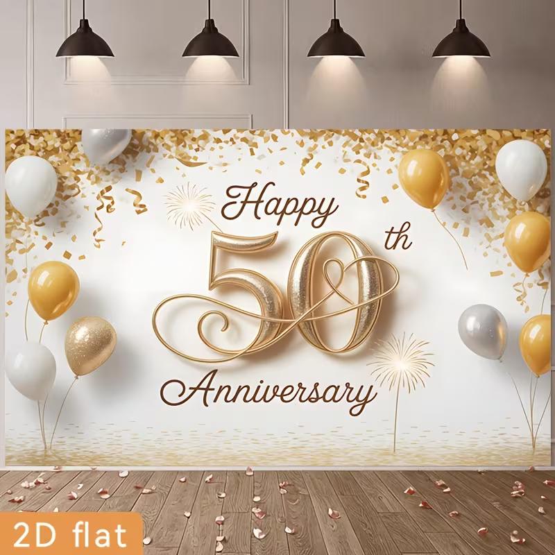 2D White Gold 50th Wedding Anniversary Backdrop Party Background Cloth