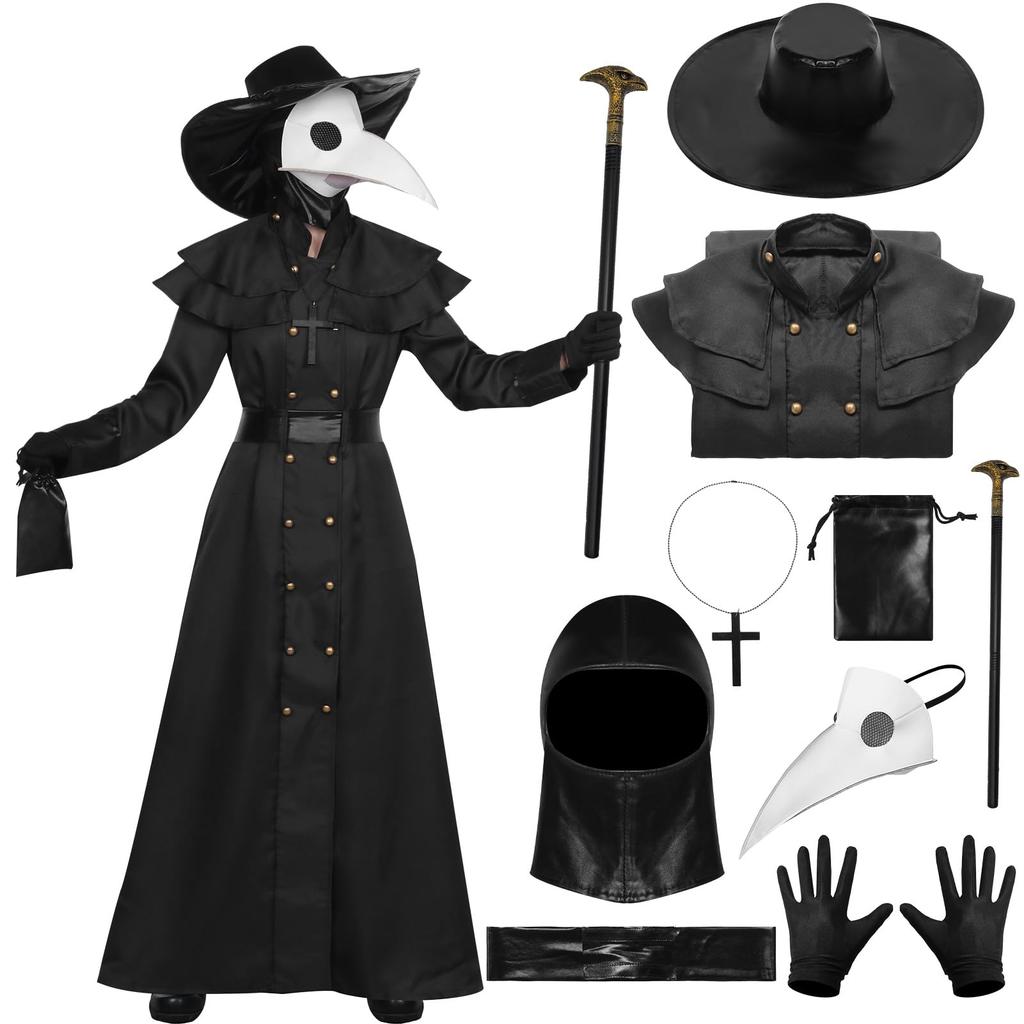 Joyasslly Halloween Cosplay Cape with Plague Crow Medieval Doctor Robe and Hat for School Cultural and Events Mask, Men's Costume, Set, Parties,