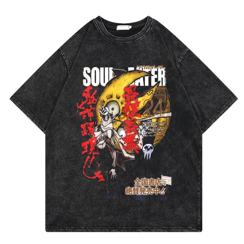 Anime Soul Eater Shirt Herren Atmungsaktiv Druck Polyester Kurzarm Vintage Gewaschenes T-Shirt Mode Harajuku Locker Y2k T-Shirts Oberteile