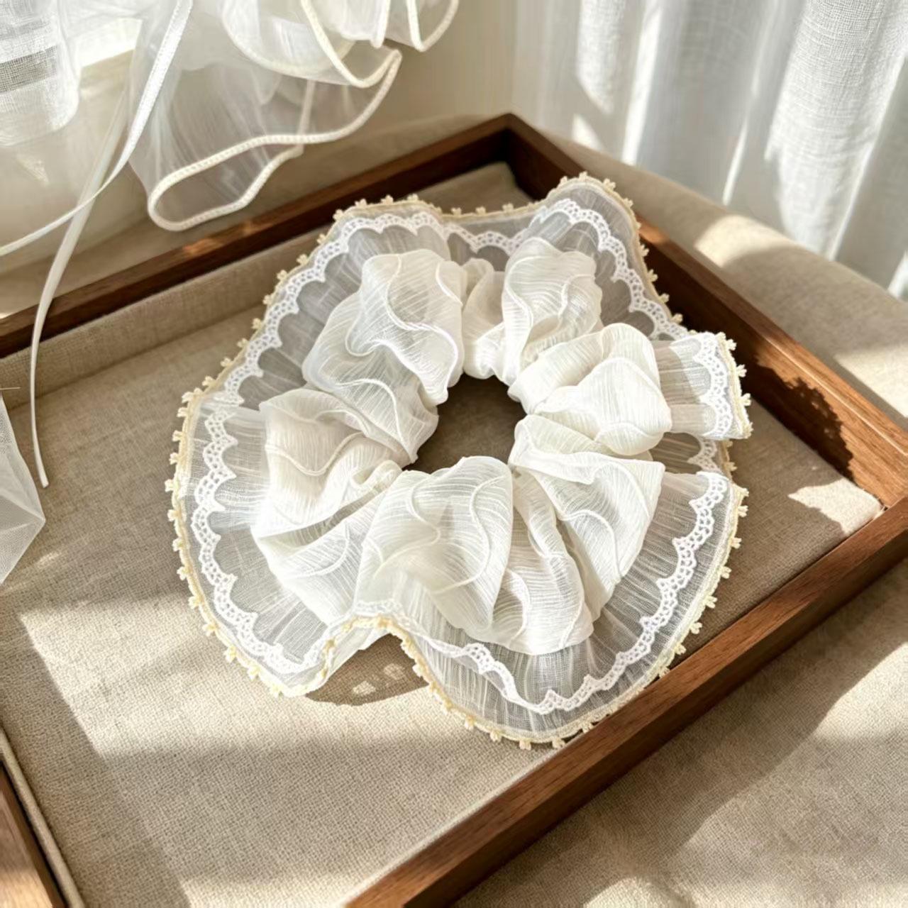 Korean Lace Pearl Trim Hair Tie - Elegant Ponytail Accessory