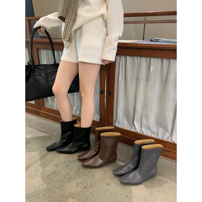 Fashion Square Head One-pedal Slope Heel Short Tube Wide Boots Women's Versatile Solid Color Retro British Style Cowhide Fashion Boots
