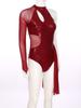 Womens Figure Skating Dress Glitter Sequins Leotard One Shoulder Sheer Mesh Long Sleeve Halter Dancewear
