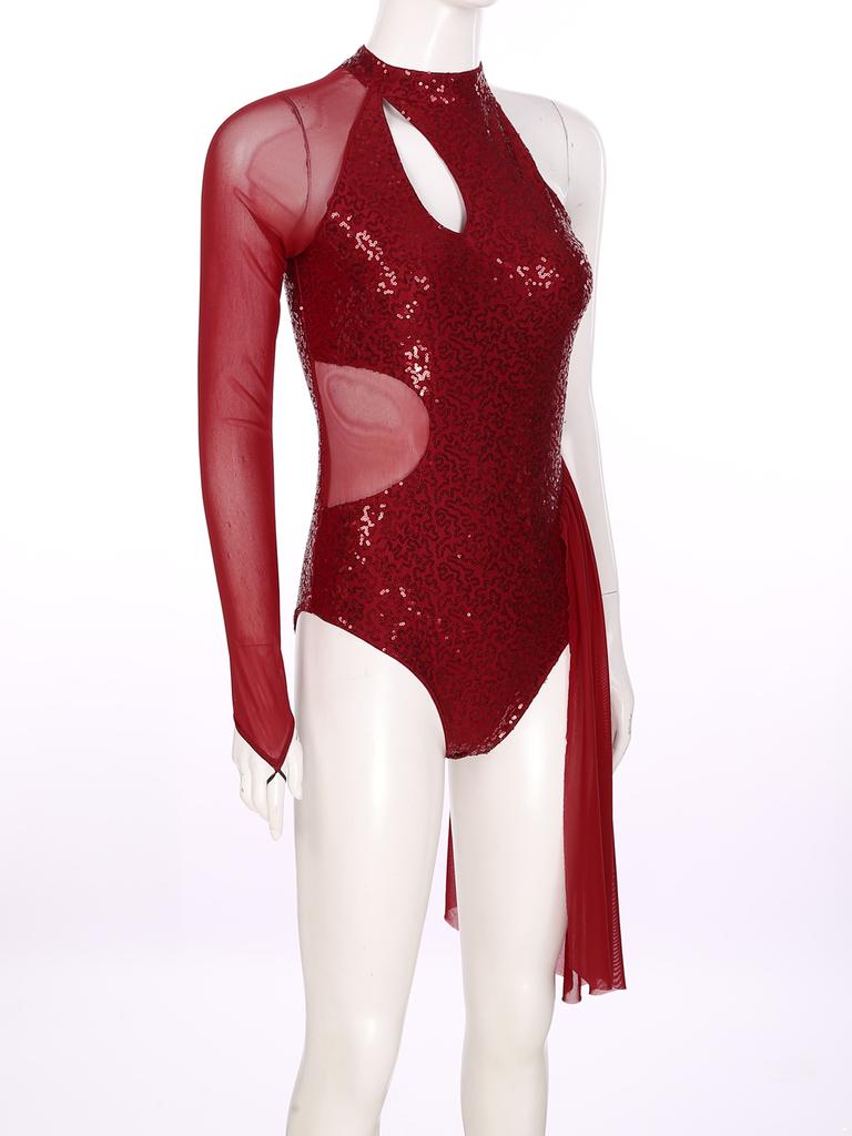 Robe de Patinage Artistique Femme Paillettes Séquins Justaucorps Une Épaule Maille Transparente Manches Longues Col Halter Vêtements de Danse