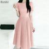 Women Casual Round Neck Short Sleeve Elegant Pleated Dress