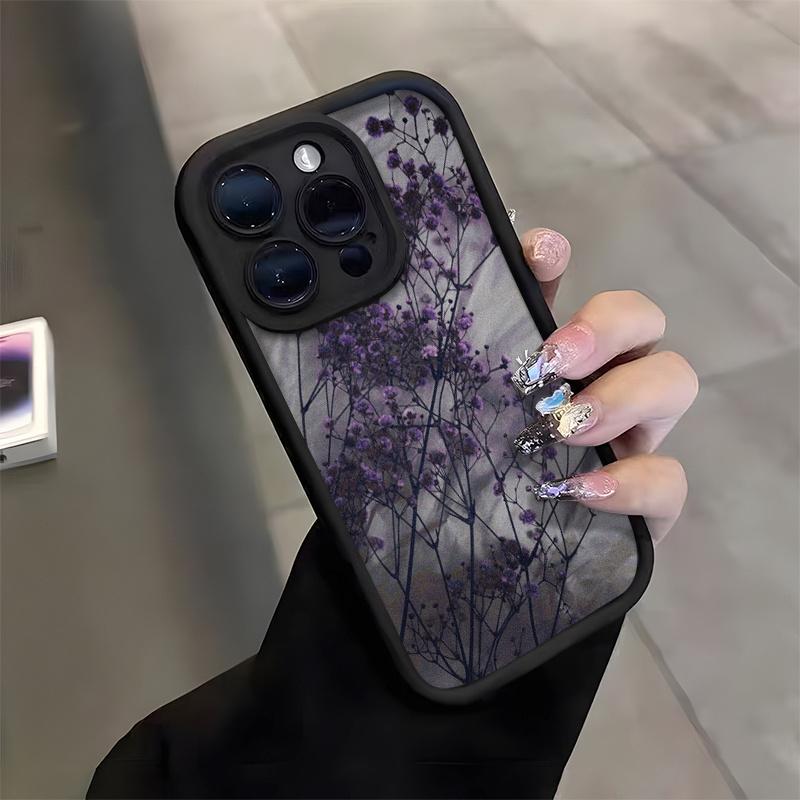 Black And Purple Flower Branch Anti-Drop Soft Shell Phone Case for iPhone 17 16 15 14 Plus 13 12 11 Pro Max Full Coverage Cover